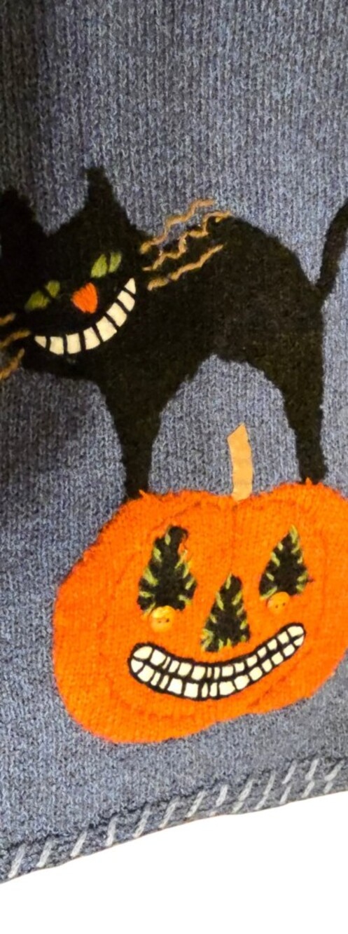 Y2K Vintage Northern Isles Halloween Black Cat Pumpkin Embroidered Blue Sweater - Picture 5 of 11